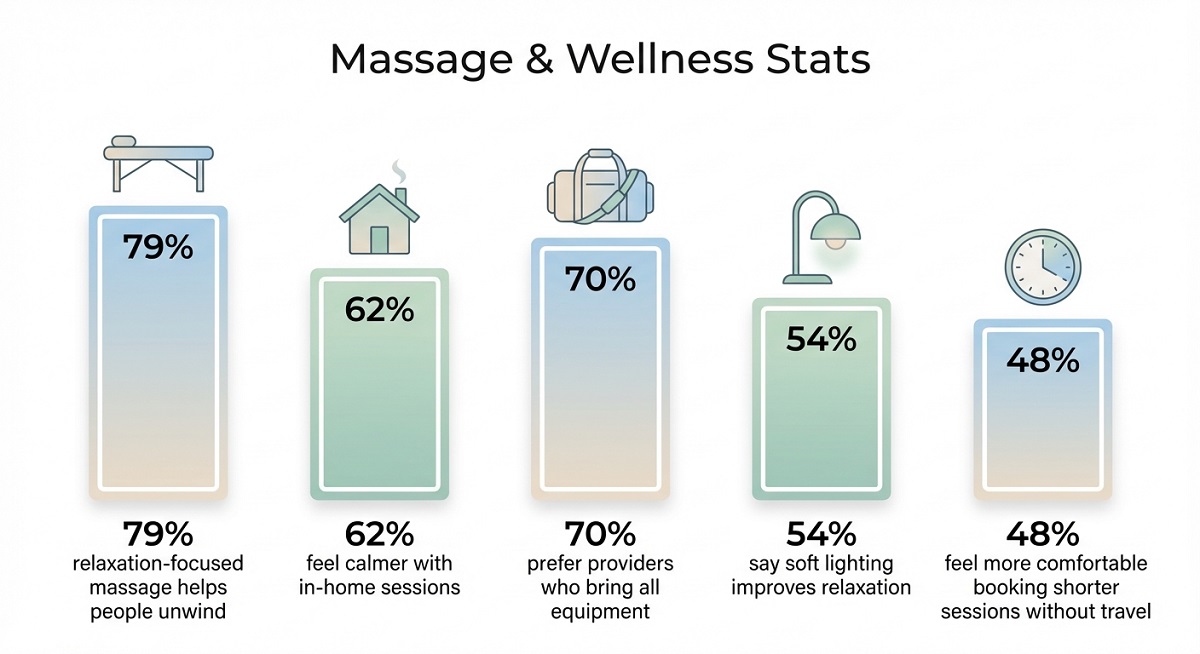 Bar chart showing massage relaxation benefits, with 50–70% of people reporting reduced stress, better sleep, and regular sessions. Bar chart showing massage relaxation benefits, with 50–70% of people reporting reduced stress, better sleep, and regular sessions.