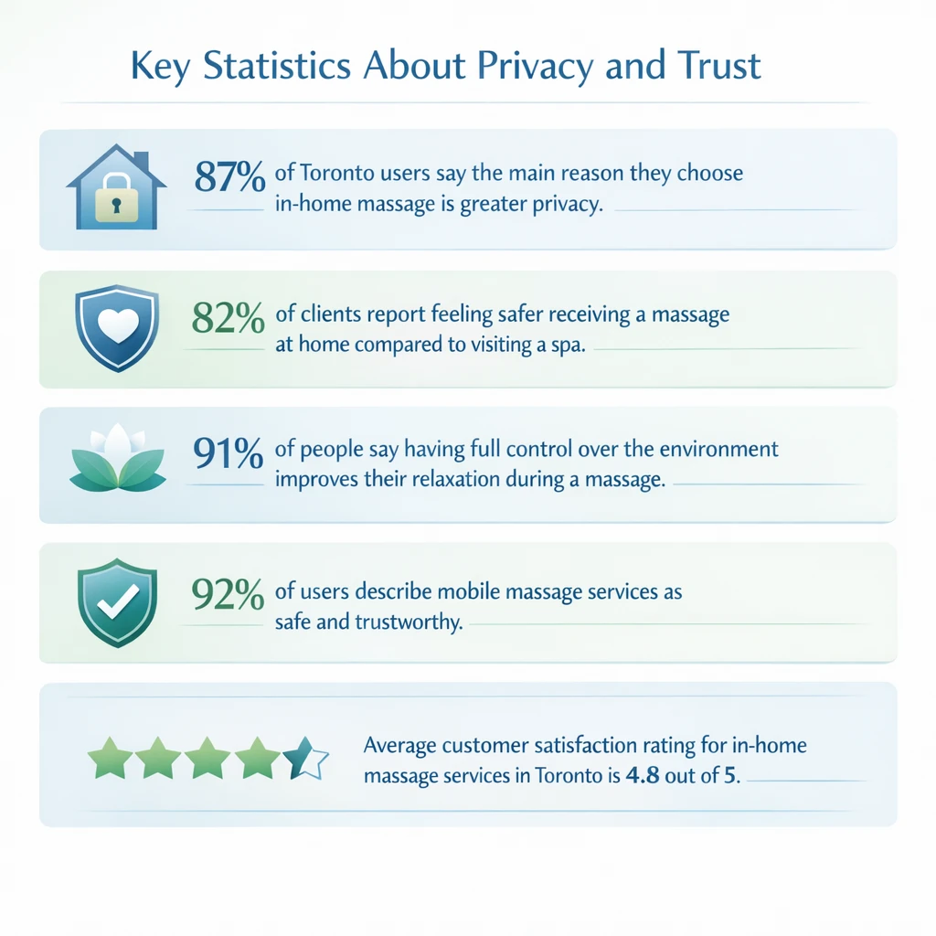 Infographic titled “Key Statistics About Privacy and Trust” showing statistics for in home massage in Toronto: 87% choose it for privacy, 82% feel safer at home than at a spa, 91% say control of the environment improves relaxation, 92% describe mobile massage as safe and trustworthy, and the average customer rating is 4.8/5. Infographic titled “Key Statistics About Privacy and Trust” showing statistics for in home massage in Toronto: 87% choose it for privacy, 82% feel safer at home than at a spa, 91% say control of the environment improves relaxation, 92% describe mobile massage as safe and trustworthy, and the average customer rating is 4.8/5.