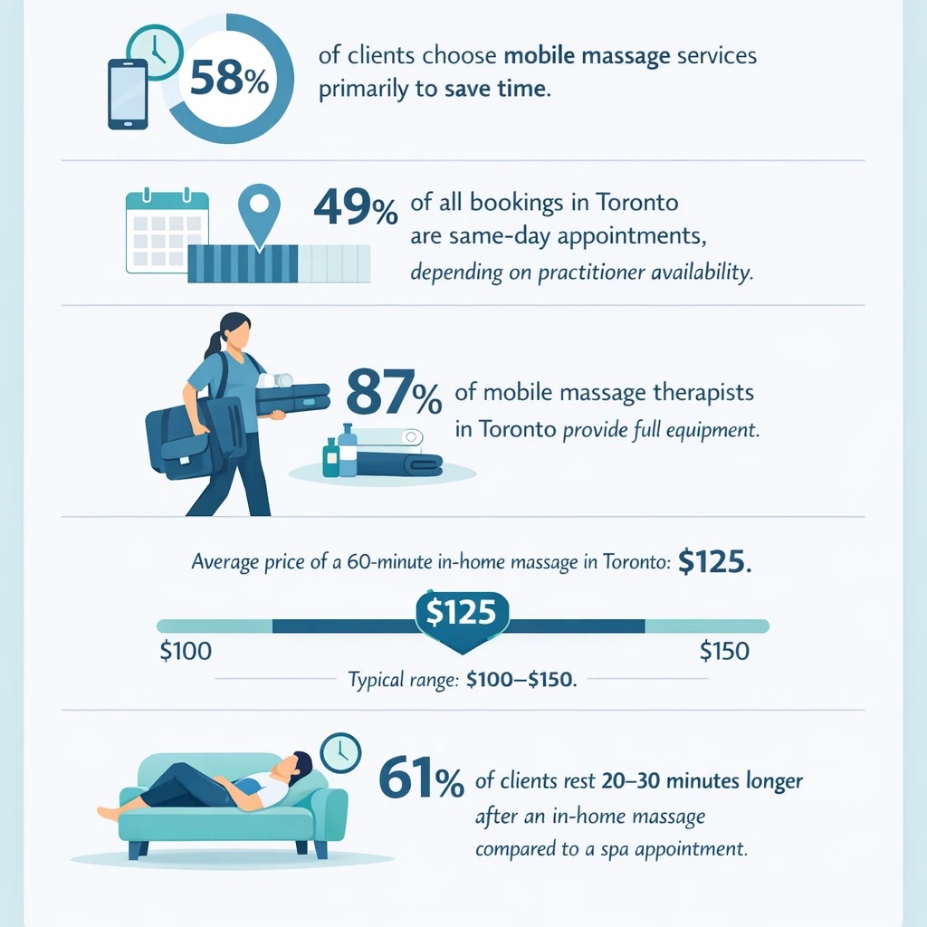 Infographic showing mobile massage stats: 58% choose it to save time, 49% same-day bookings, 87% therapists bring equipment, average price $125 ($100–$150 range), and 61% rest longer after sessions. Infographic showing mobile massage stats: 58% choose it to save time, 49% same-day bookings, 87% therapists bring equipment, average price $125 ($100–$150 range), and 61% rest longer after sessions.