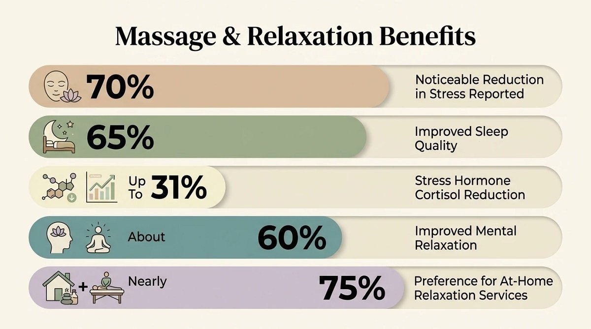 Infographic showing massage and relaxation benefits, including stress reduction, better sleep, cortisol reduction, and improved mental relaxation. Infographic showing massage and relaxation benefits, including stress reduction, better sleep, cortisol reduction, and improved mental relaxation.
