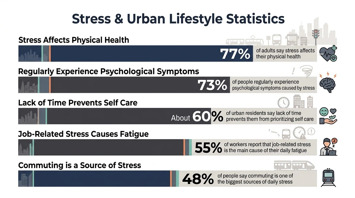 Infographic showing stress and urban lifestyle statistics, including health effects, fatigue, commuting stress, and lack of self-care. Infographic showing stress and urban lifestyle statistics, including health effects, fatigue, commuting stress, and lack of self-care.