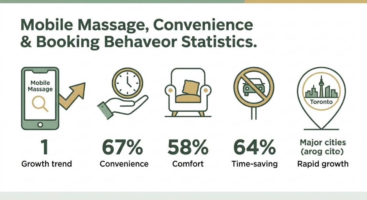 Infographic showing mobile massage convenience and booking behavior statistics, including comfort, time-saving benefits, and growth trends in Toronto. Infographic showing mobile massage convenience and booking behavior statistics, including comfort, time-saving benefits, and growth trends in Toronto.