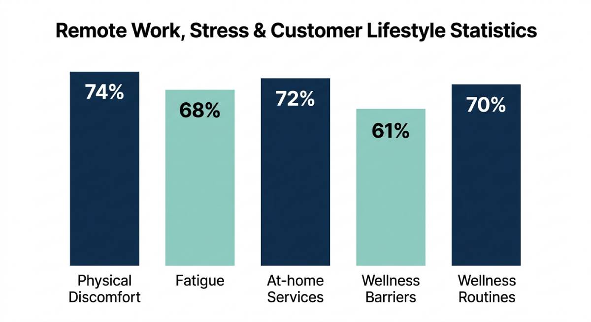 Bar chart showing remote work stress and wellness statistics, including physical discomfort, fatigue, at-home service demand, and wellness routine trends. Bar chart showing remote work stress and wellness statistics, including physical discomfort, fatigue, at-home service demand, and wellness routine trends.