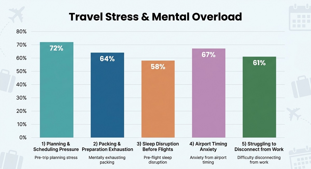 Bar chart showing percentages of travel-related stress factors: Planning (72%), Packing (64%), Sleep (58%), Airport Timing (67%), and Work Disconnection (61%).