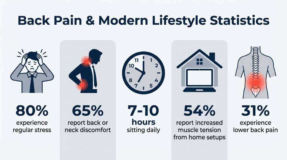 Infographic showing back pain and lifestyle statistics, including stress levels, sitting time, home office strain, and lower back pain rates.