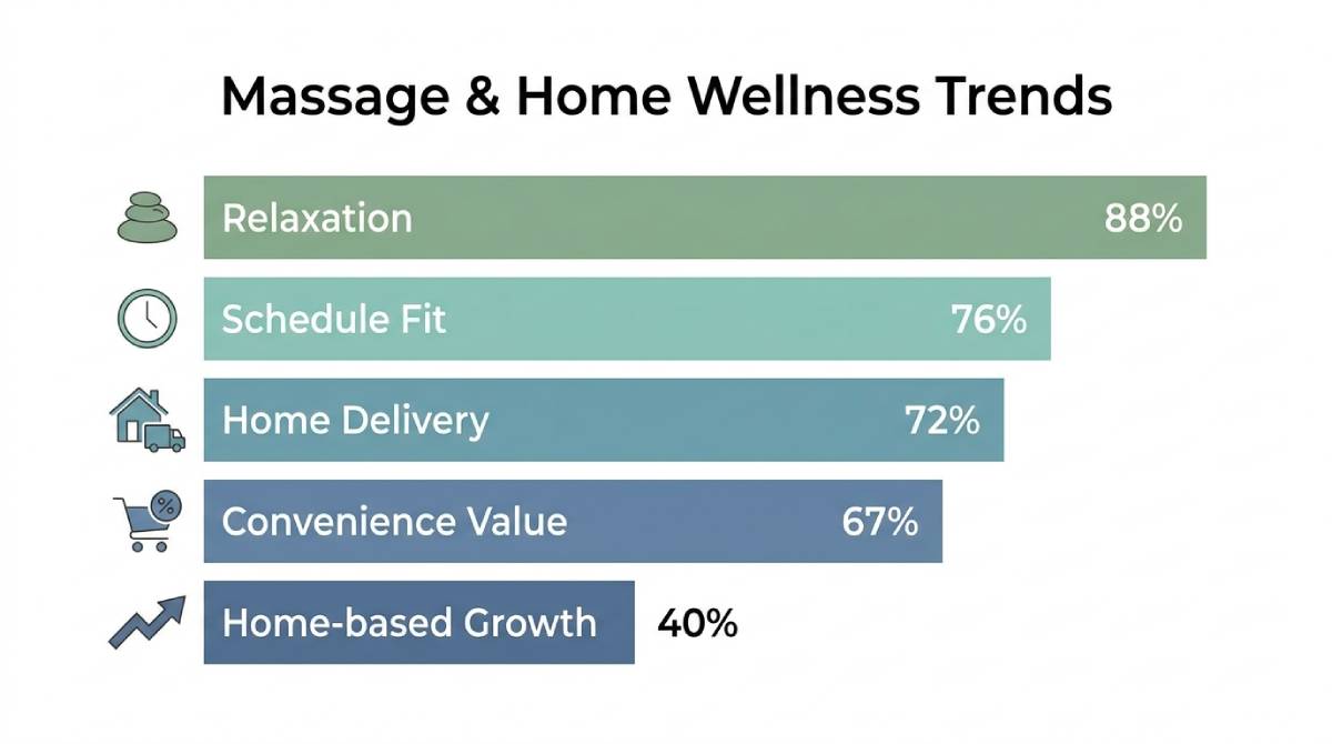 Bar chart showing massage and home wellness trends, including relaxation, convenience, home delivery, and schedule flexibility preferences.